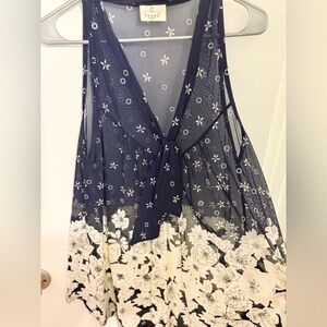 Blue Sleeveless Tie Front Embellished Blouse